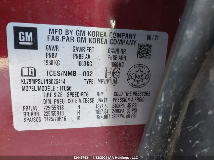 2022 Chevrolet Trailblazer Lt VIN: KL79MPSL1NB025414 Lot: 12449753