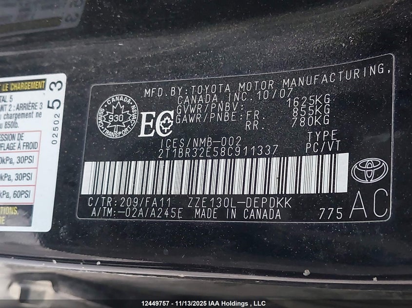 2T1BR32E58C911337 2008 TOYOTA COROLLA photo no. 9