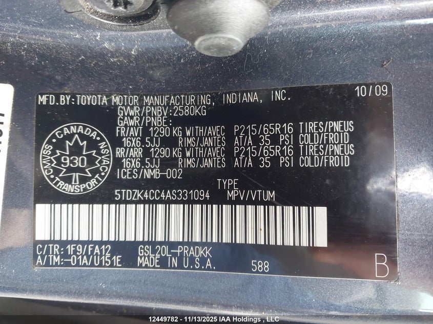 5TDZK4CC4AS331094 2010 TOYOTA SIENNA photo no. 9