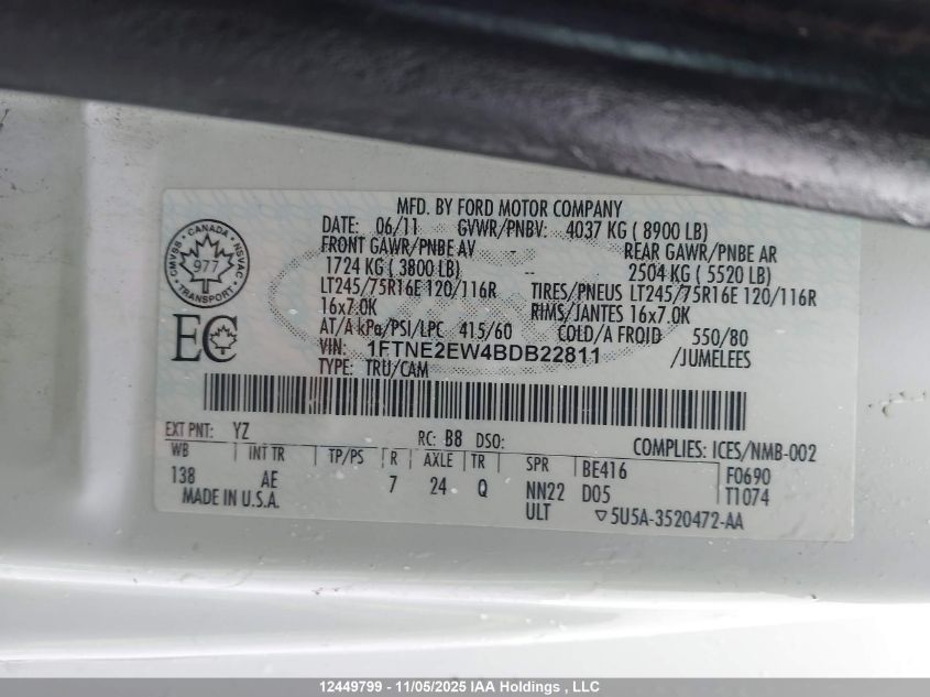 2011 Ford E-250 Commercial VIN: 1FTNE2EW4BDB22811 Lot: 12449799