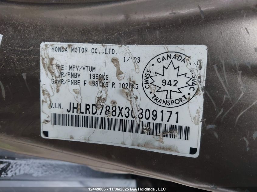 2003 Honda Cr-V Ex VIN: JHLRD788X3C809171 Lot: 12449805