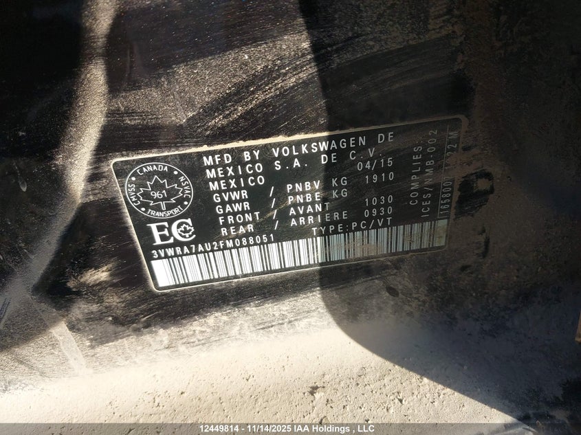 2015 Volkswagen Golf 2.0 Tdi Comfortline/2.0 Tdi Highline/2.0 Tdi Trendline VIN: 3VWRA7AU2FM088051 Lot: 12449814
