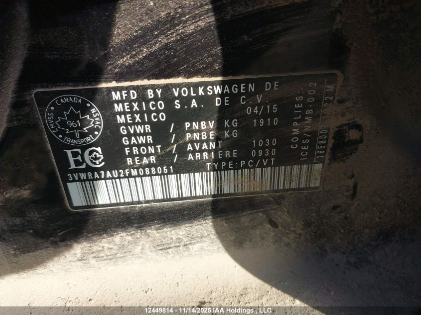 2015 Volkswagen Golf 2.0 Tdi Comfortline/2.0 Tdi Highline/2.0 Tdi Trendline VIN: 3VWRA7AU2FM088051 Lot: 12449814