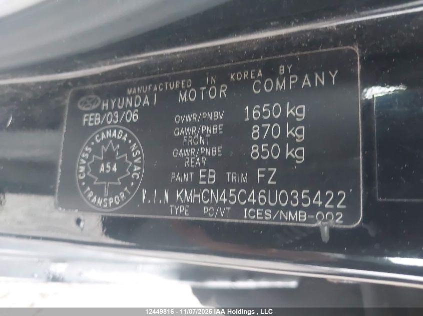 2006 Hyundai Accent VIN: KMHCN45C46U035422 Lot: 12449816