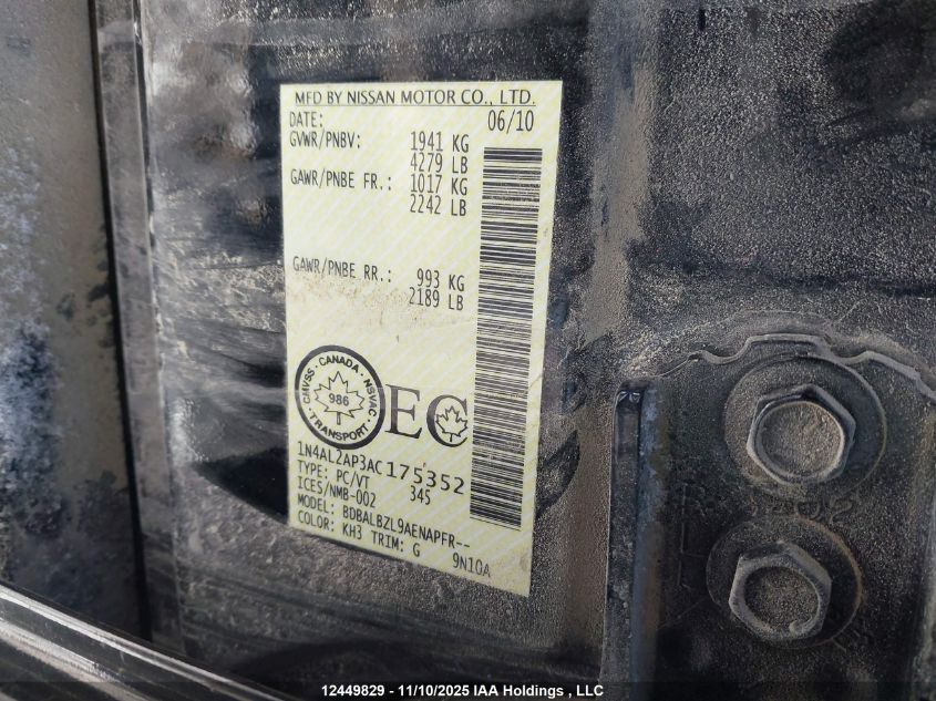 2010 Nissan Altima VIN: 1N4AL2AP3AC175352 Lot: 12449829