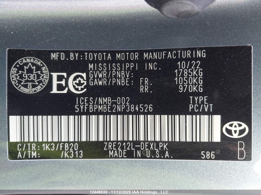 2022 Toyota Corolla Le VIN: 5YFBPMBE2NP384526 Lot: 12449830