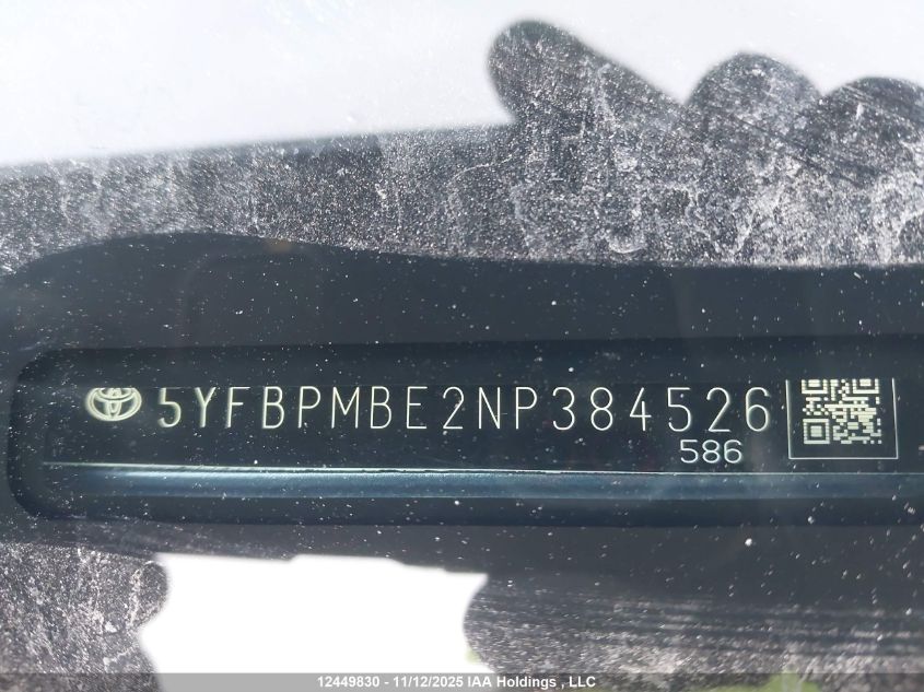 2022 Toyota Corolla Le VIN: 5YFBPMBE2NP384526 Lot: 12449830
