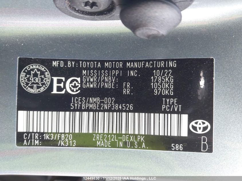 2022 Toyota Corolla Le VIN: 5YFBPMBE2NP384526 Lot: 12449830