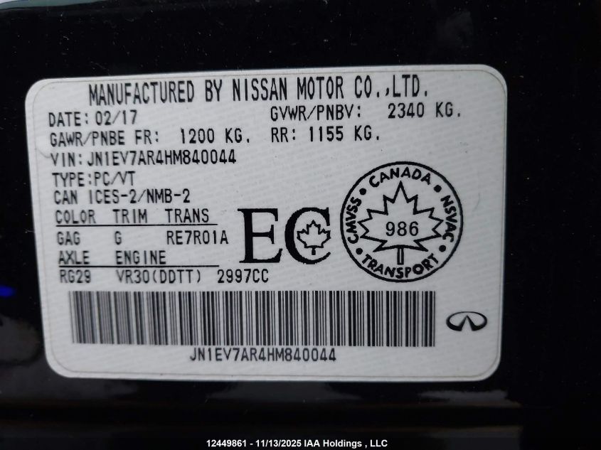 2017 Infiniti Q50 3.0T VIN: JN1EV7AR4HM840044 Lot: 12449861
