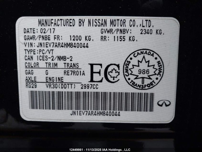 2017 Infiniti Q50 3.0T VIN: JN1EV7AR4HM840044 Lot: 12449861