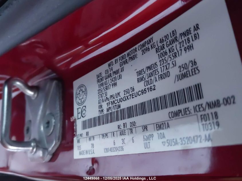 2014 Ford Escape Se VIN: 1FMCU0GX7EUC95162 Lot: 12449868