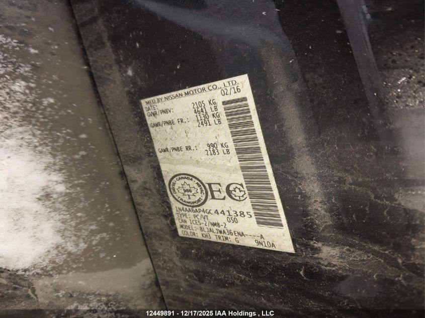 2016 Nissan Maxima 3.5S/Sv/Sl/Sr/Plat VIN: 1N4AA6AP4GC441385 Lot: 12449891