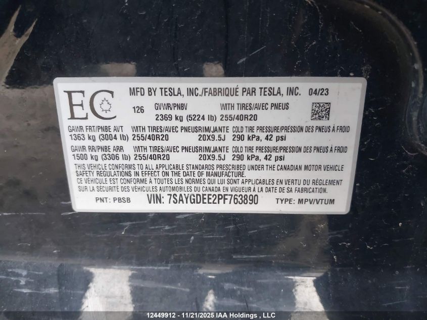 2023 Tesla Model Y Long Range VIN: 7SAYGDEE2PF763890 Lot: 12449912