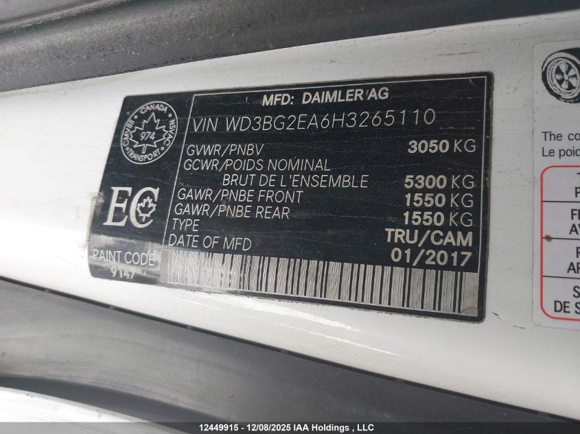 2017 Mercedes-Benz Metris VIN: WD3BG2EA6H3265110 Lot: 12449915