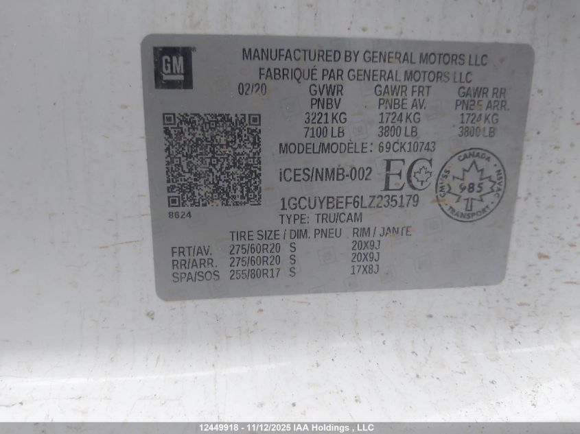 2020 Chevrolet Silverado K1500 Custom VIN: 1GCUYBEF6LZ235179 Lot: 12449918