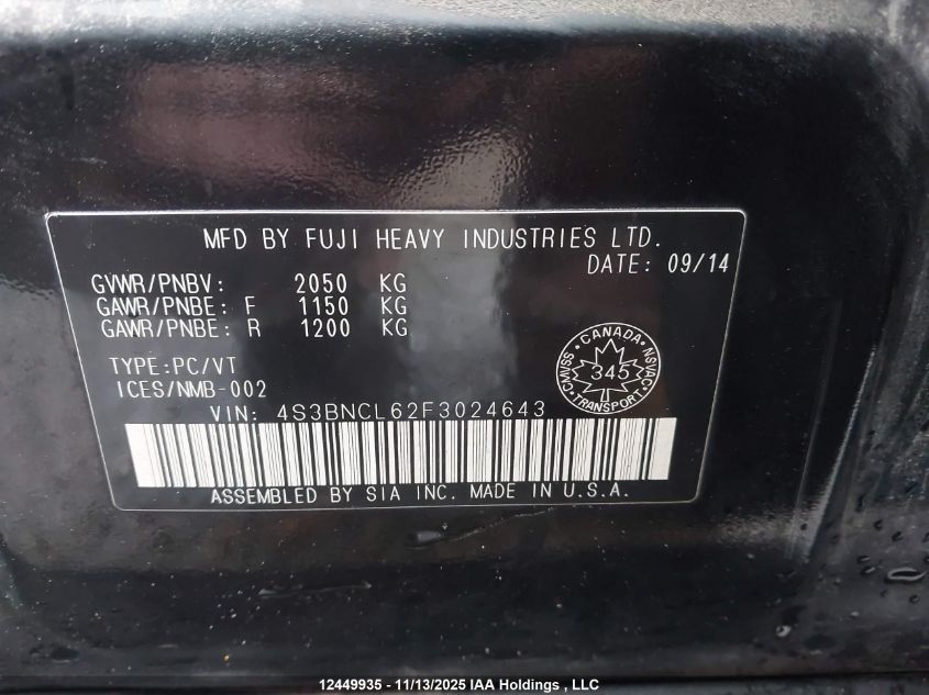 2015 Subaru Legacy 2.5I Limited VIN: 4S3BNCL62F3024643 Lot: 12449935