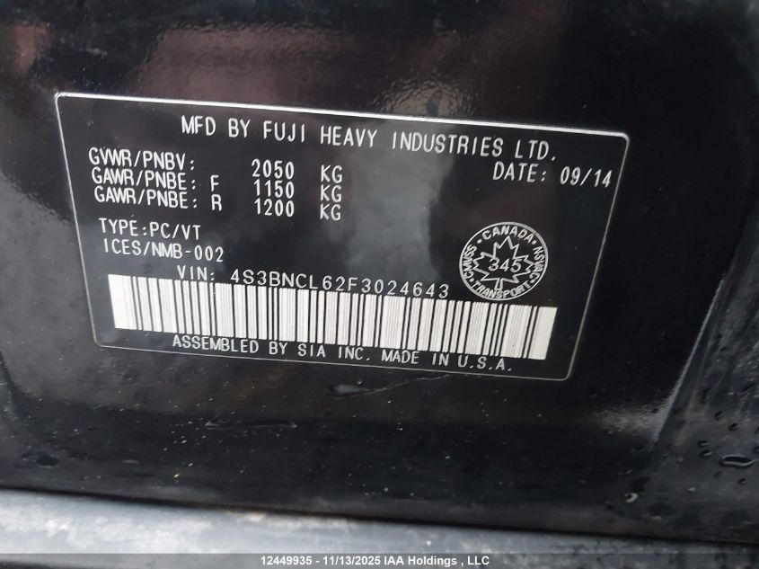 2015 Subaru Legacy 2.5I Limited VIN: 4S3BNCL62F3024643 Lot: 12449935