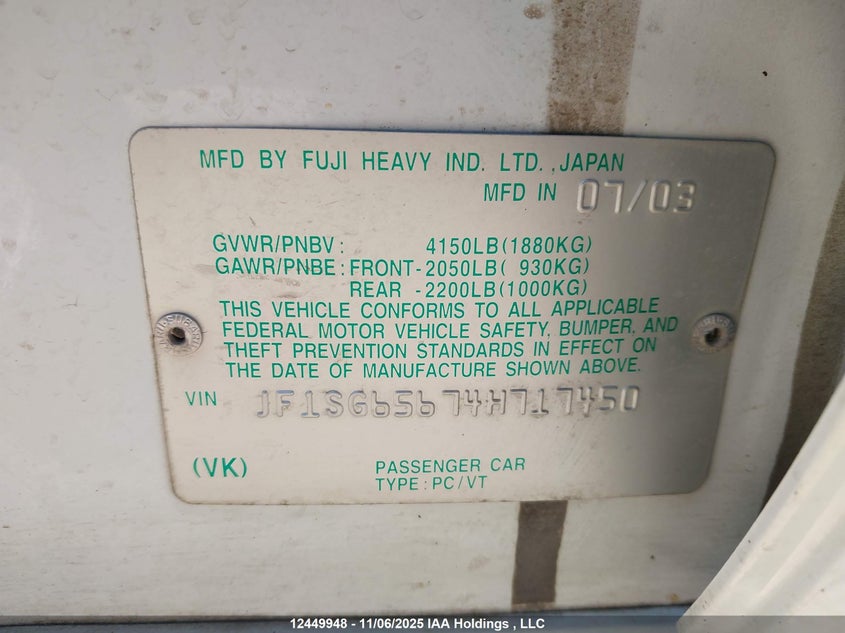 2004 Subaru Forester 2.5Xs VIN: JF1SG65674H717450 Lot: 12449948