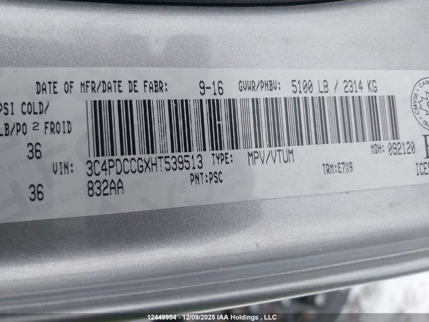 2017 Dodge Journey VIN: 3C4PDCCGXHT539513 Lot: 12449954