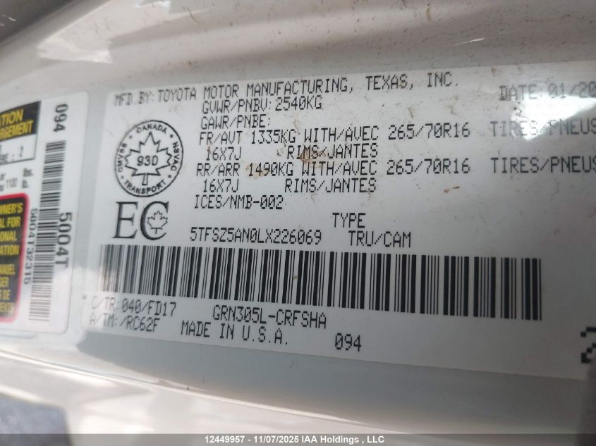 2020 Toyota Tacoma VIN: 5TFSZ5AN0LX226069 Lot: 12449957