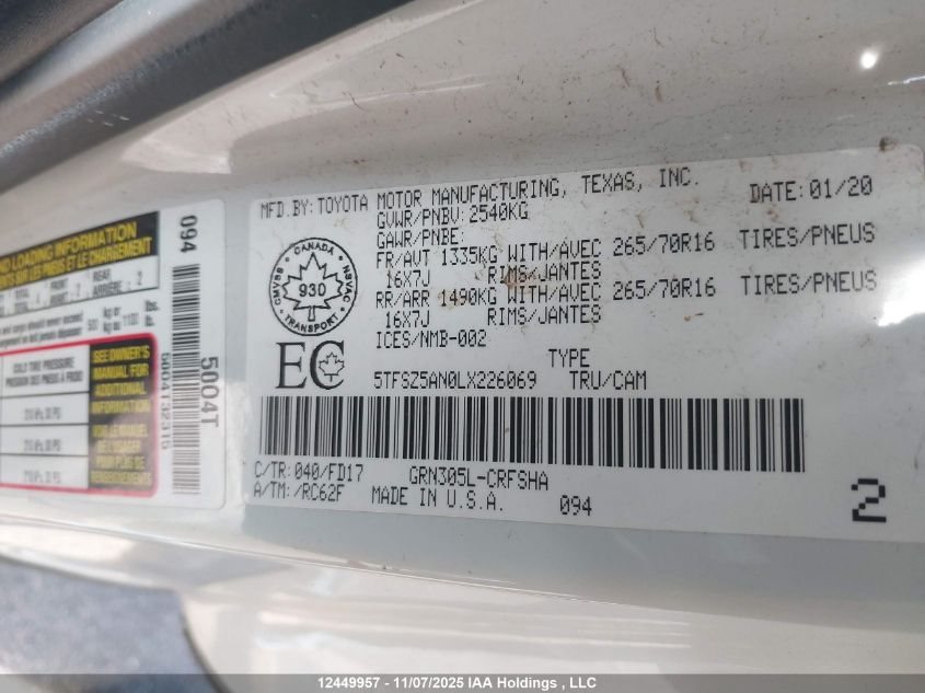 2020 Toyota Tacoma VIN: 5TFSZ5AN0LX226069 Lot: 12449957