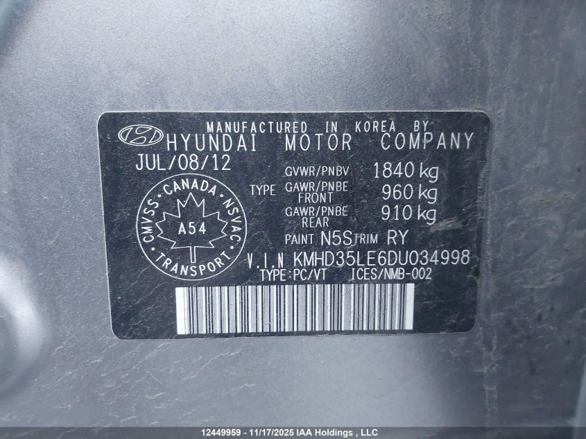 2013 Hyundai Elantra VIN: KMHD35LE6DU034998 Lot: 12449959
