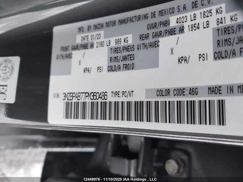 2023 Mazda Mazda3 VIN: 3MZBPAB77PM360486 Lot: 12449976