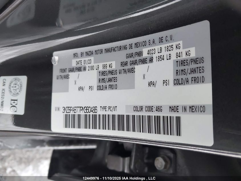 2023 Mazda Mazda3 VIN: 3MZBPAB77PM360486 Lot: 12449976