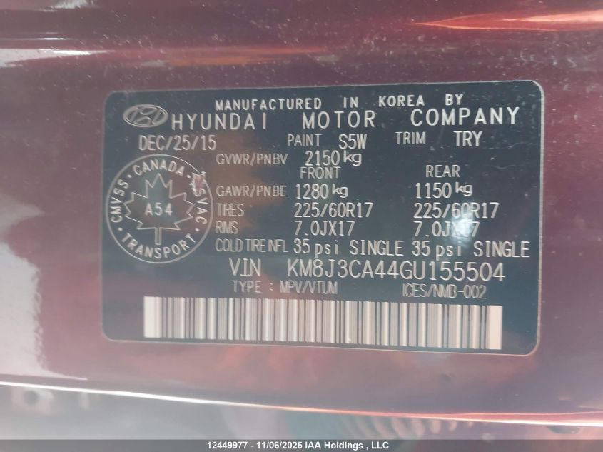2016 Hyundai Tucson Luxury VIN: KM8J3CA44GU155504 Lot: 12449977