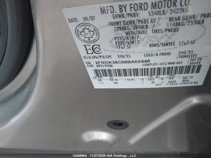 2FMDK38C68BA02448 2008 FORD EDGE photo no. 9