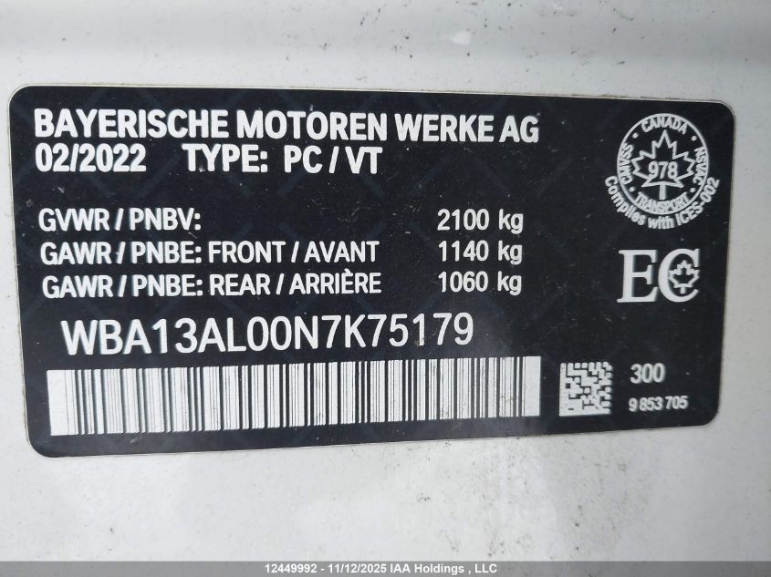 2022 BMW M235I Gran Coupe xDrive VIN: WBA13AL00N7K75179 Lot: 12449992