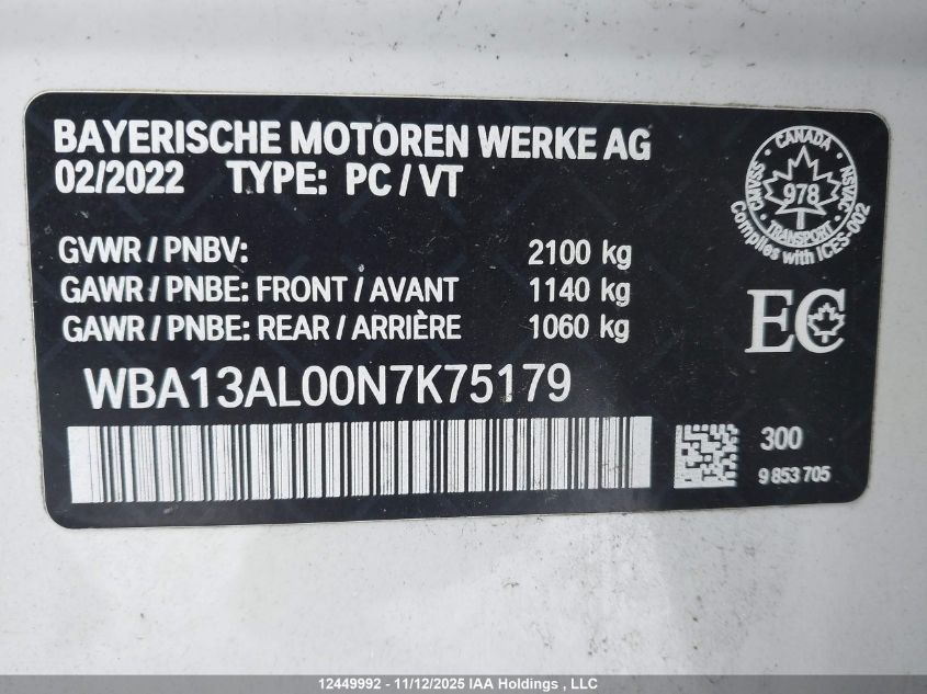 2022 BMW M235I Gran Coupe xDrive VIN: WBA13AL00N7K75179 Lot: 12449992