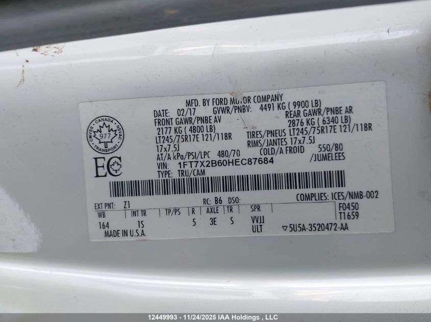 2017 Ford F250 Super Duty VIN: 1FT7X2B60HEC87684 Lot: 12449993