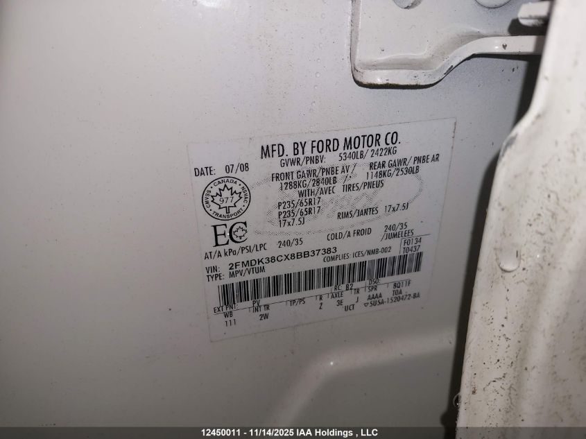 2008 Ford Edge Sel VIN: 2FMDK38CX8BB37383 Lot: 12450011