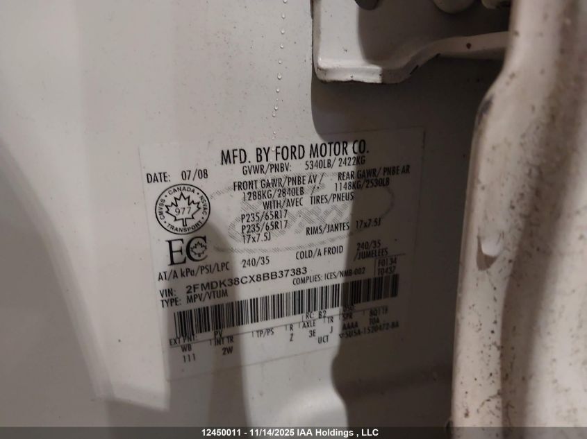 2008 Ford Edge Sel VIN: 2FMDK38CX8BB37383 Lot: 12450011