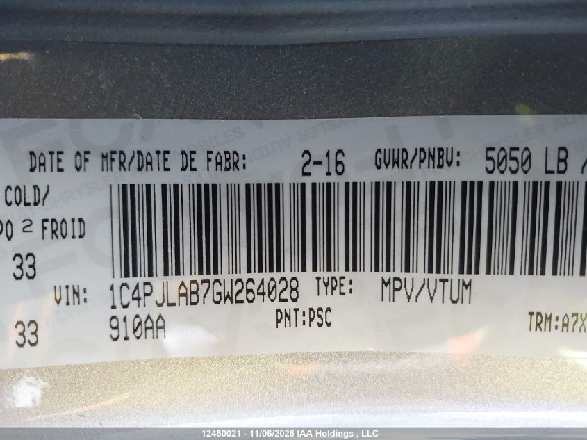 2016 Jeep Cherokee Sport VIN: 1C4PJLAB7GW264028 Lot: 12450021