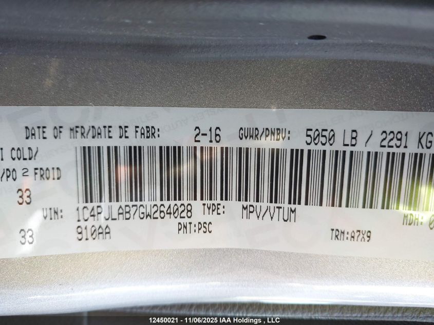 2016 Jeep Cherokee Sport VIN: 1C4PJLAB7GW264028 Lot: 12450021