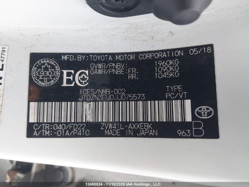 2018 Toyota Prius VIN: JTDZN3EU0JJ075573 Lot: 12450024