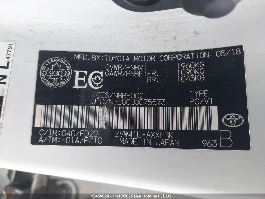 2018 Toyota Prius VIN: JTDZN3EU0JJ075573 Lot: 12450024