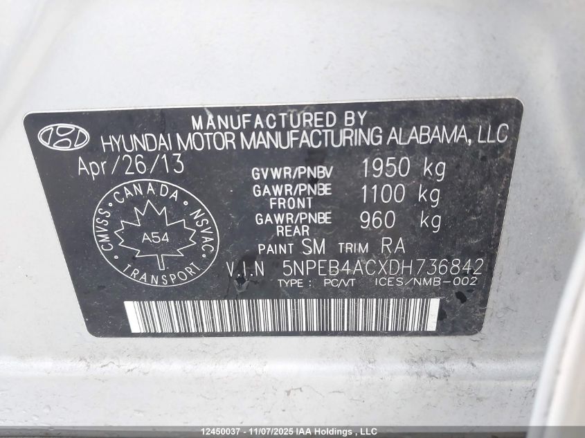 2013 Hyundai Sonata Gl/Gls VIN: 5NPEB4ACXDH736842 Lot: 12450037