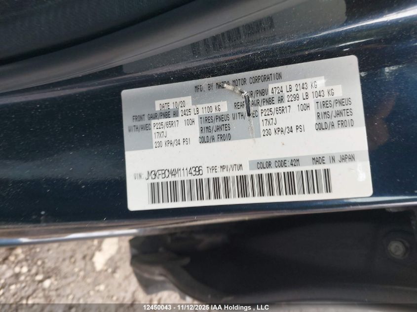 2021 Mazda Cx-5 Gs/Kuro Edition/Signature VIN: JM3KFBCM4M1114396 Lot: 12450043