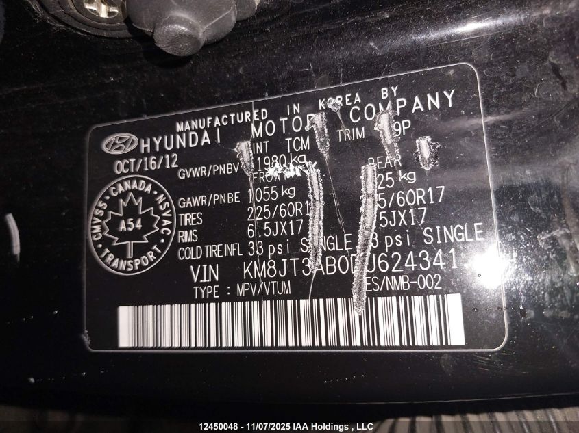 2013 Hyundai Tucson VIN: KM8JT3AB0DU624341 Lot: 12450048