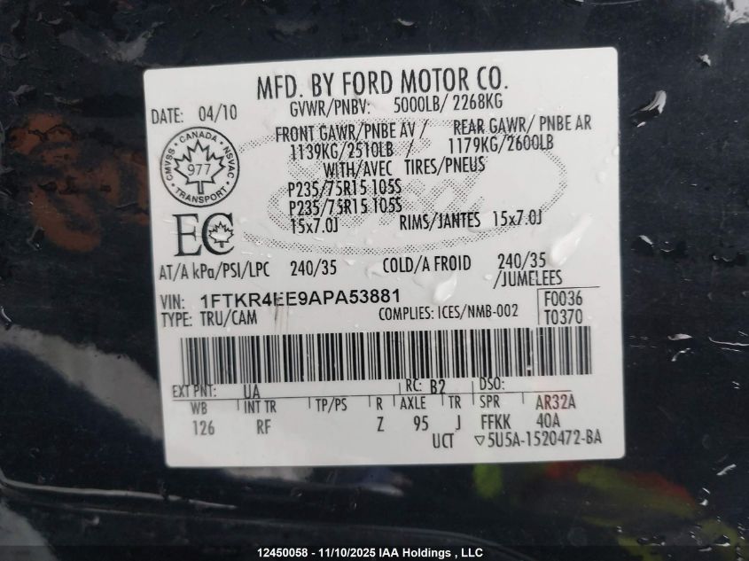 2010 Ford Ranger VIN: 1FTKR4EE9APA53881 Lot: 12450058