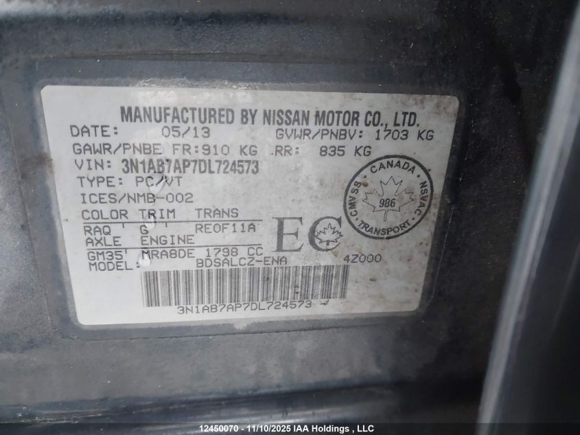 2013 Nissan Sentra VIN: 3N1AB7AP7DL724573 Lot: 12450070