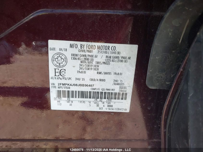 2018 Ford Edge Sel VIN: 2FMPK4J98JBB96407 Lot: 12450078