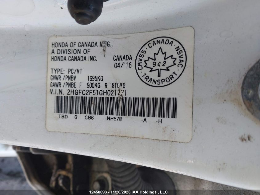 2016 Honda Civic VIN: 2HGFC2F51GH021771 Lot: 12450093