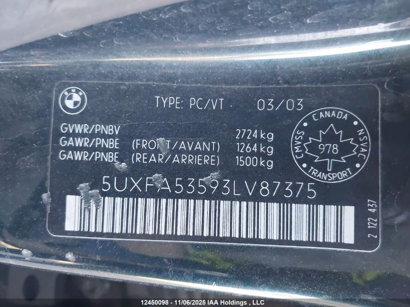 2003 BMW X5 3.0I VIN: 5UXFA53593LV87375 Lot: 12450098