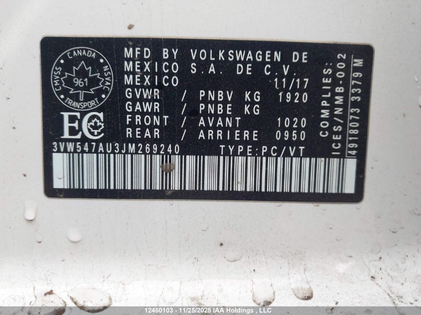 2018 Volkswagen Golf Gti 5-Door/5-Door Autobahn VIN: 3VW547AU3JM269240 Lot: 12450103