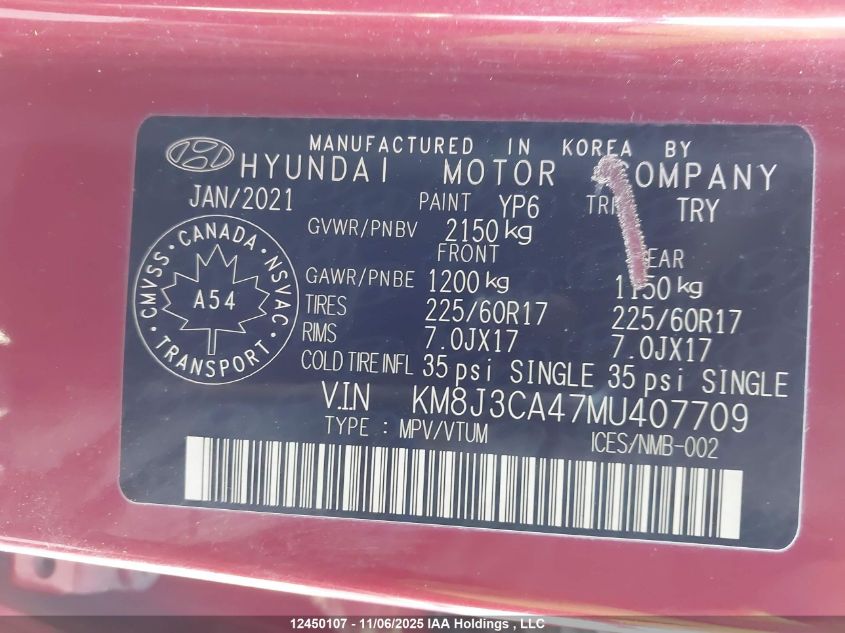 2021 Hyundai Tucson Preferred Awd With Sun And Leather Package VIN: KM8J3CA47MU407709 Lot: 12450107