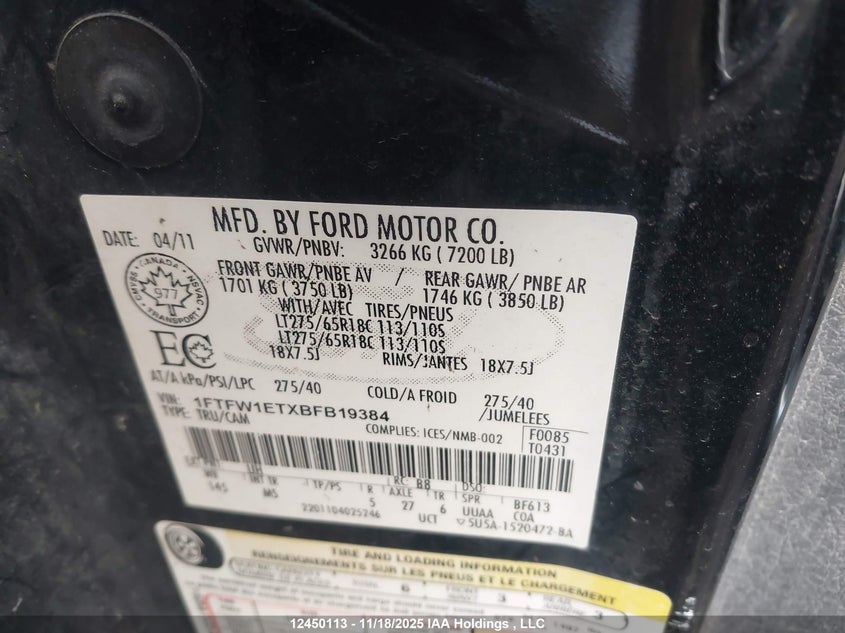1FTFW1ETXBFB19384 2011 FORD F-150 photo no. 9